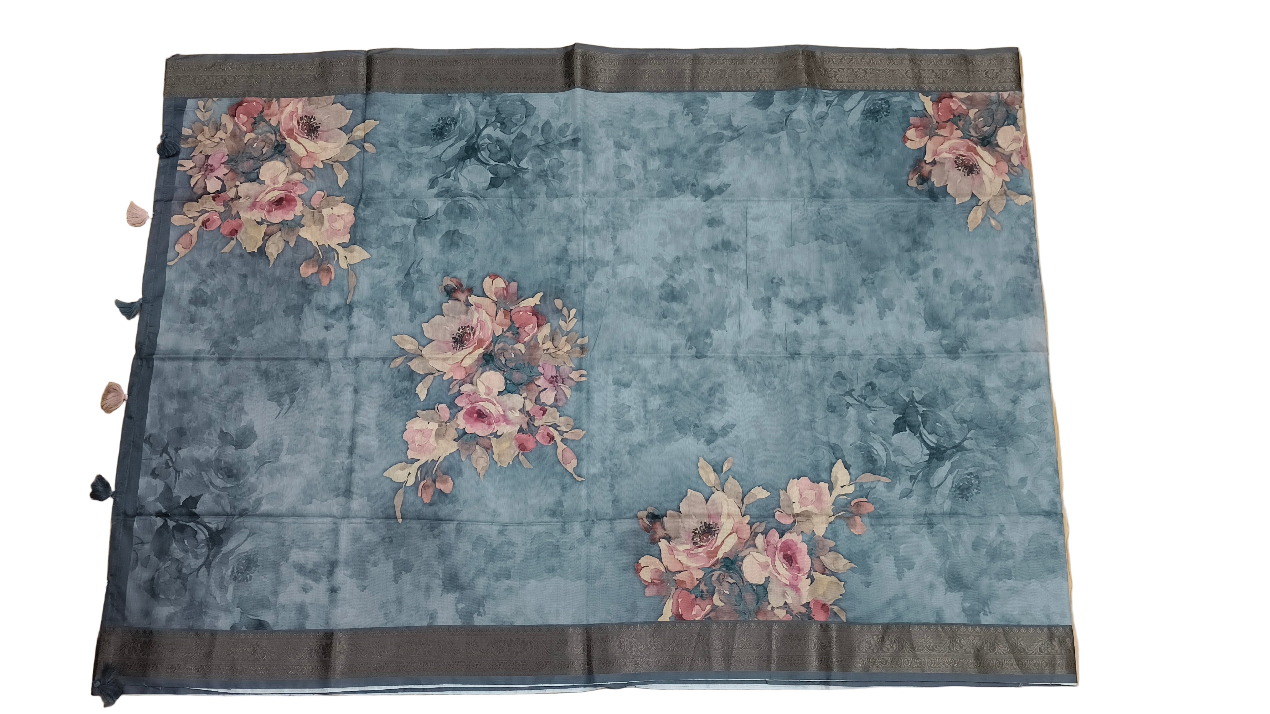 Charcoal Grey Floral Saree