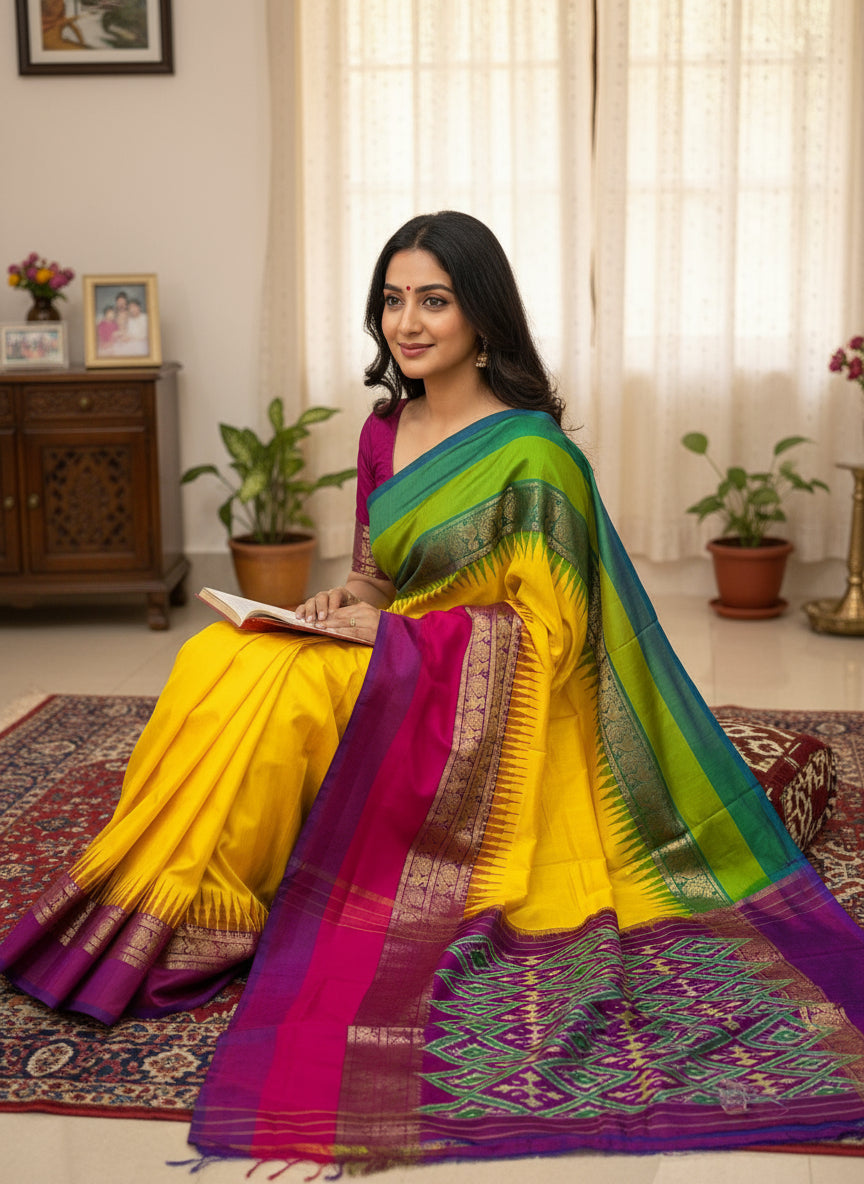 Pochampally Ikkat Silk  Kanchi Border Sarees
