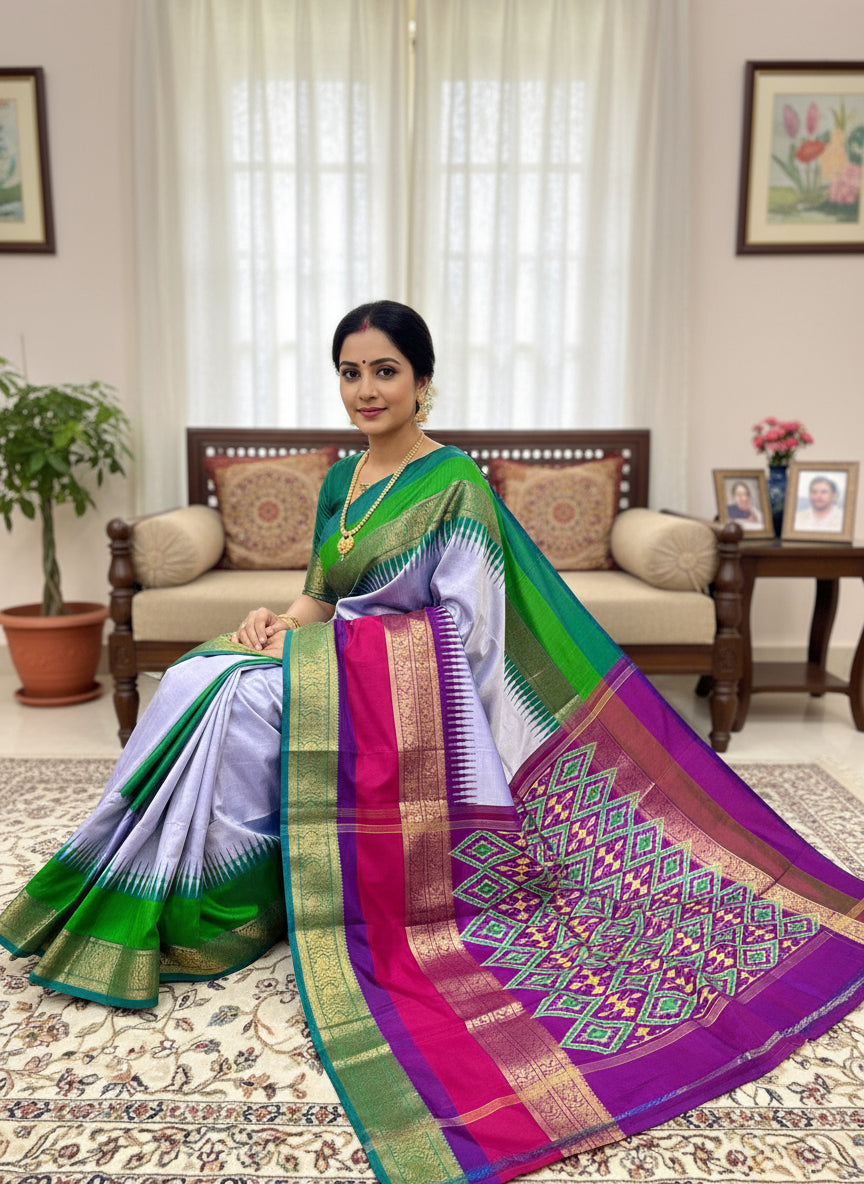 Pochampally Ikkat Silk  Kanchi Border Sarees