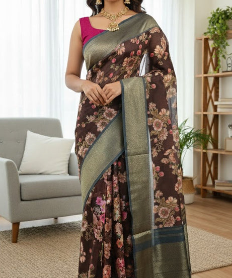 Brown Floral Saree
