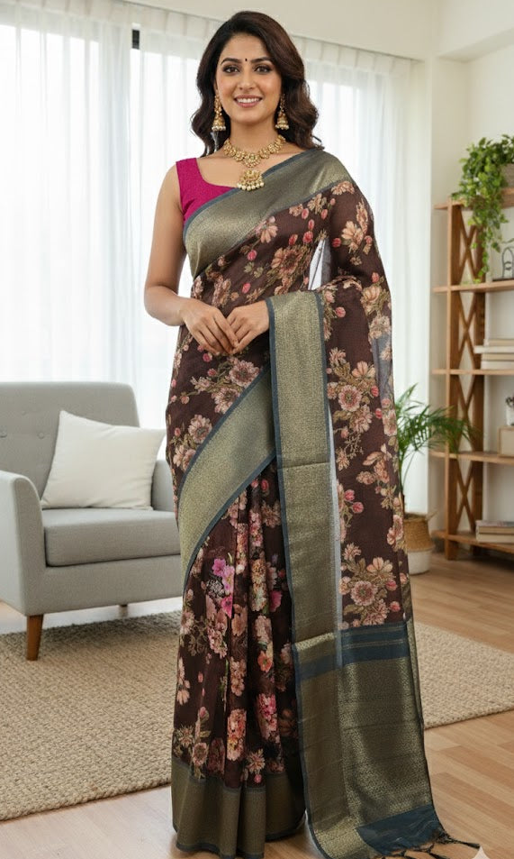 Brown Floral Saree