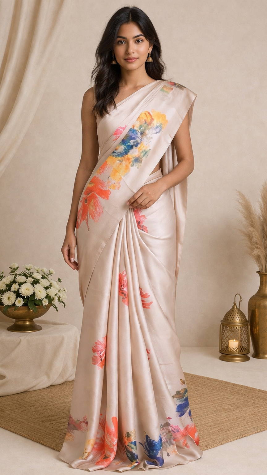 Ivory Bloom Abstract Saree