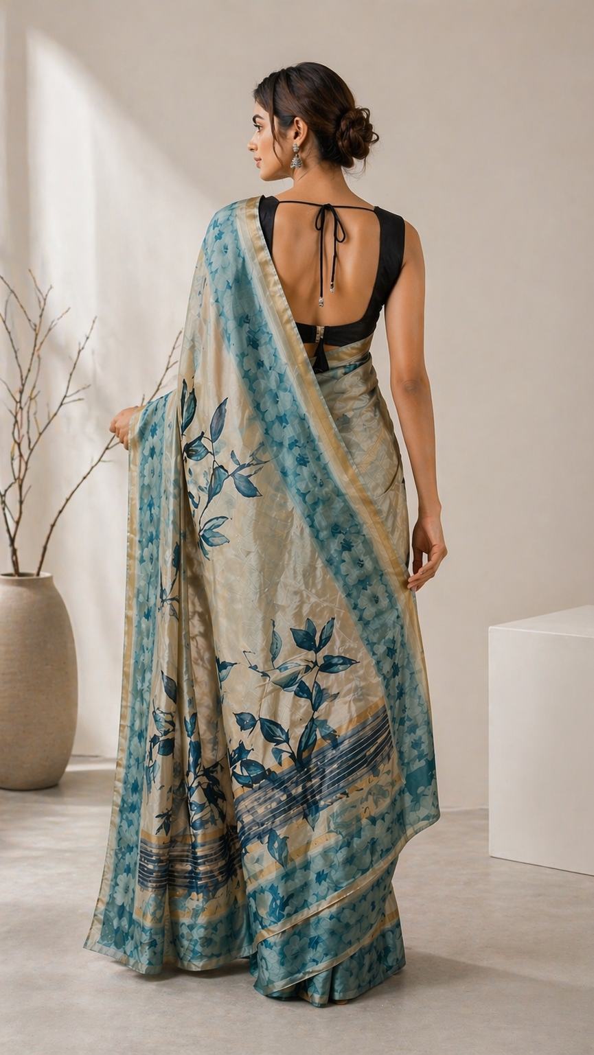 Blue Artistic Floral Print Saree