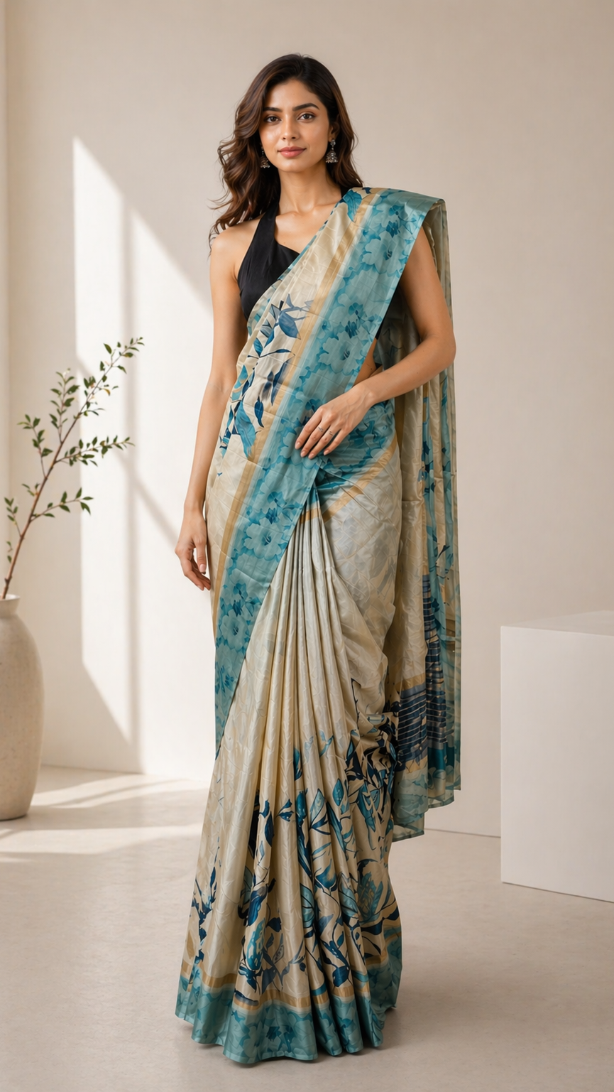 Blue Artistic Floral Print Saree