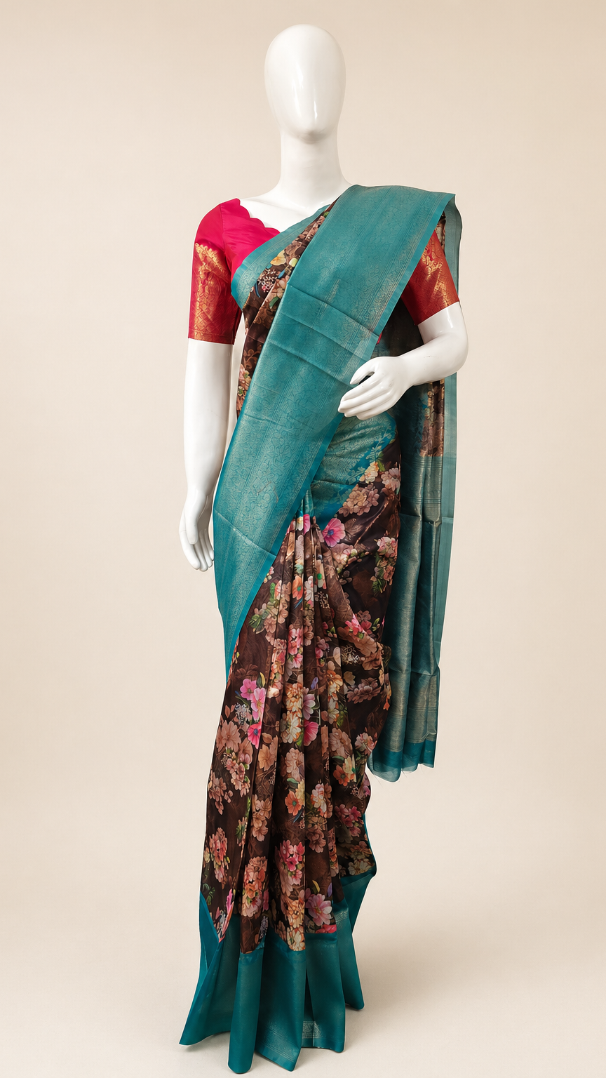 Tara Teal Floral Saree