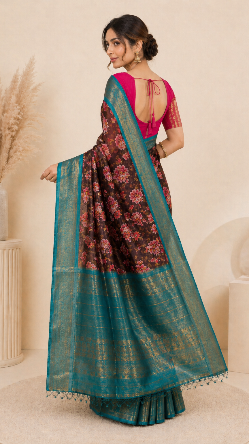 Tara Teal Floral Saree