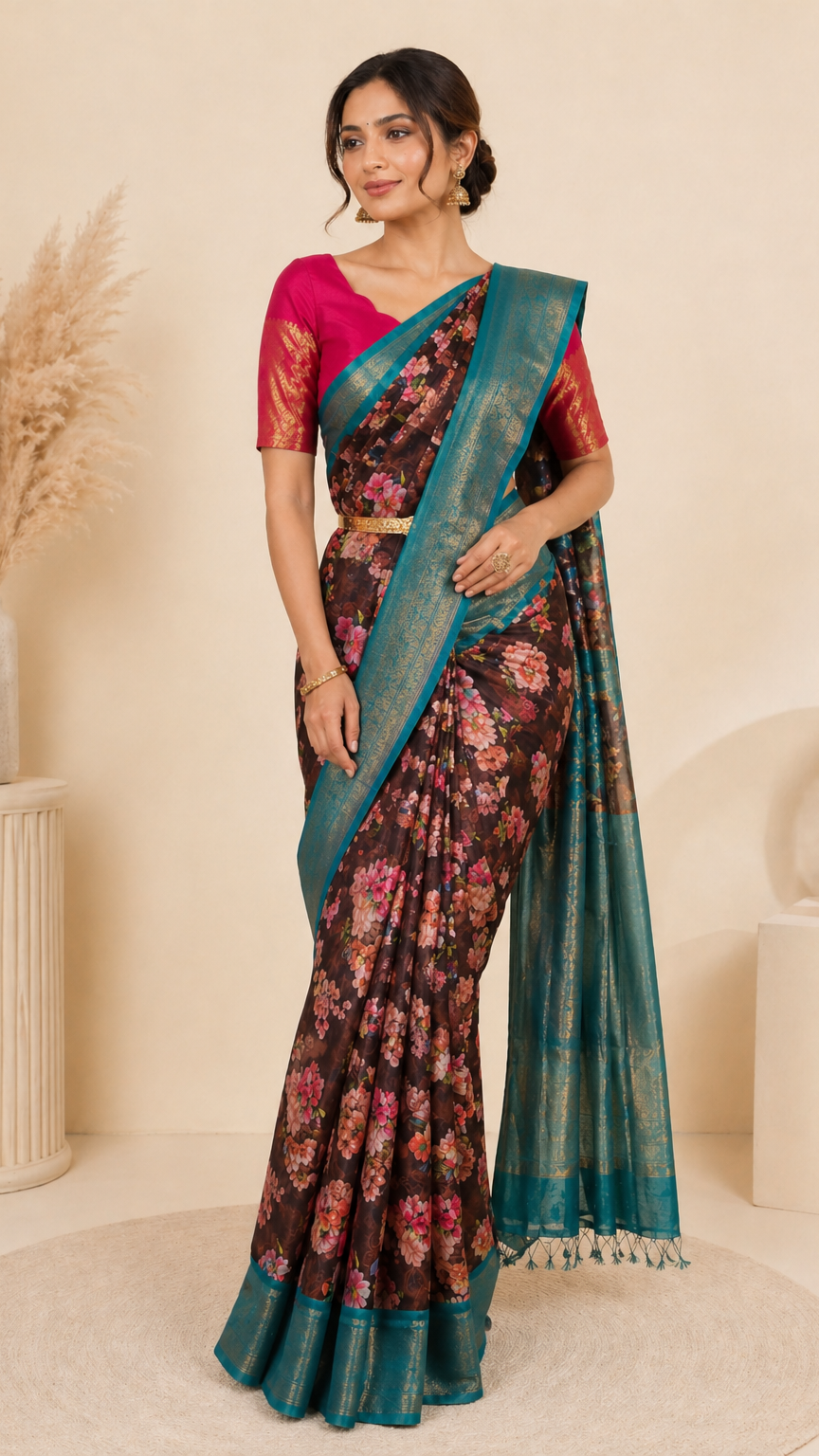 Tara Teal Floral Saree