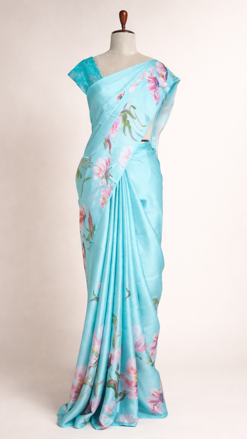 Ethereal Aqua Bloom Saree