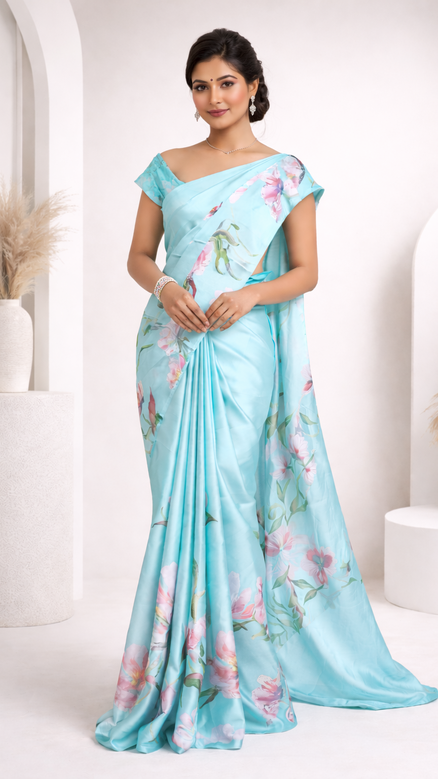 Ethereal Aqua Bloom Saree