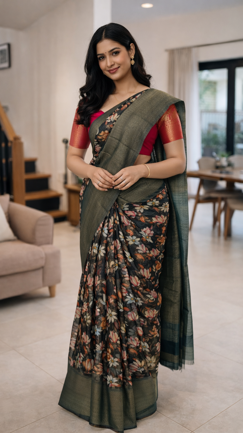 Black Floral Saree
