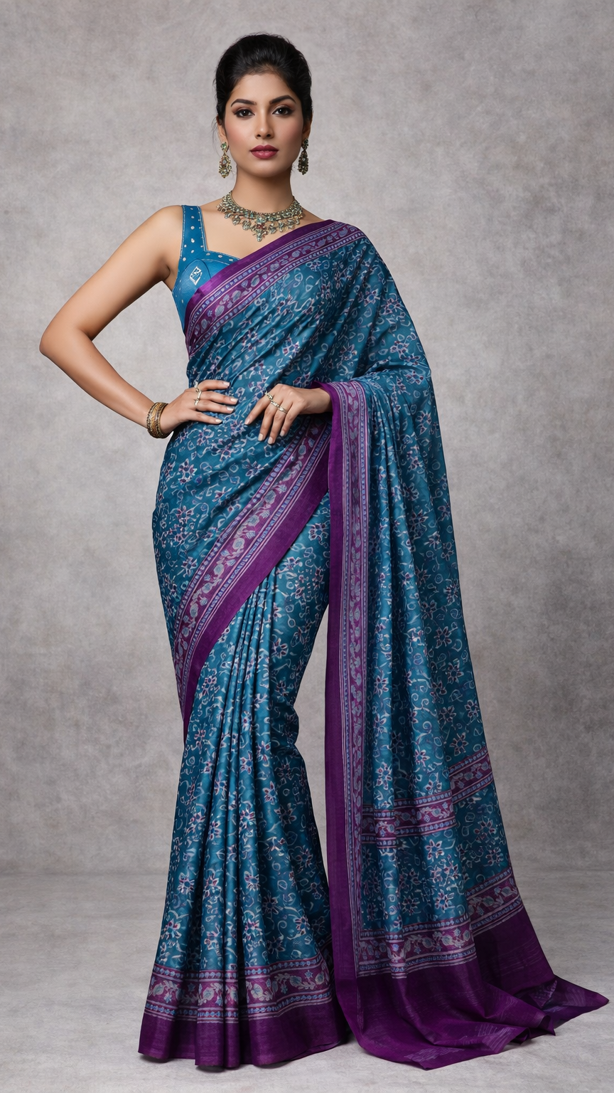 Teal Blue with Purple Border cotton
