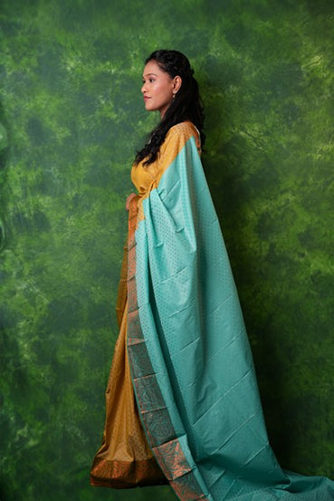 Kanchipuram Silk Mustard and Aqua