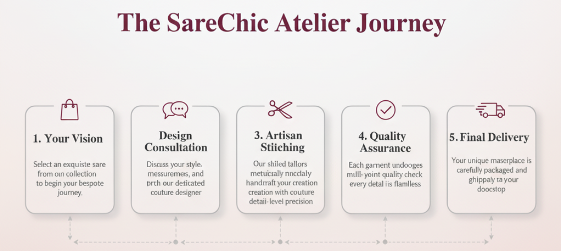 Boutique Service → Designer Call & Measurements → Stitching → Quality Check → Shipping