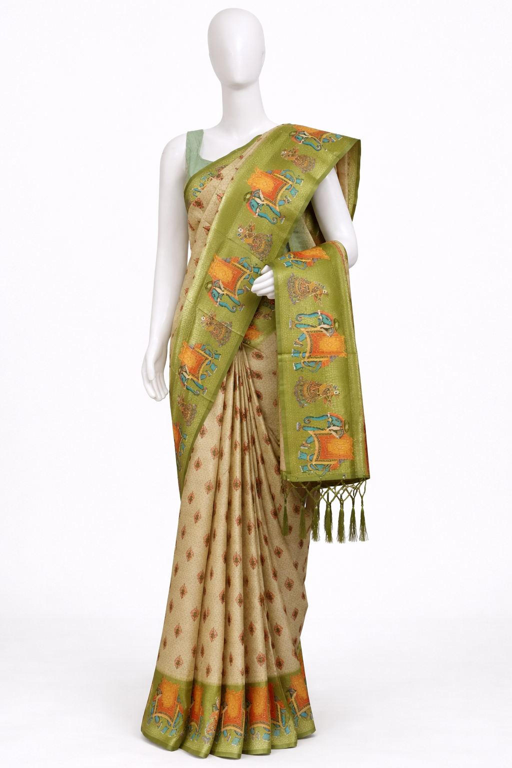 Kalamkari-style border  olive green