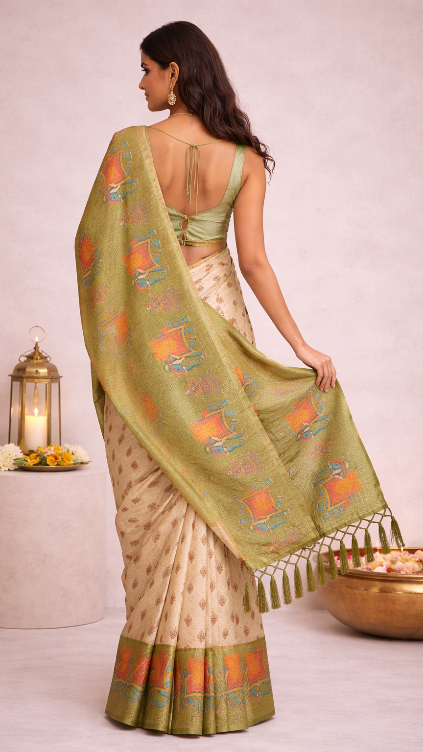 Kalamkari-style border  olive green