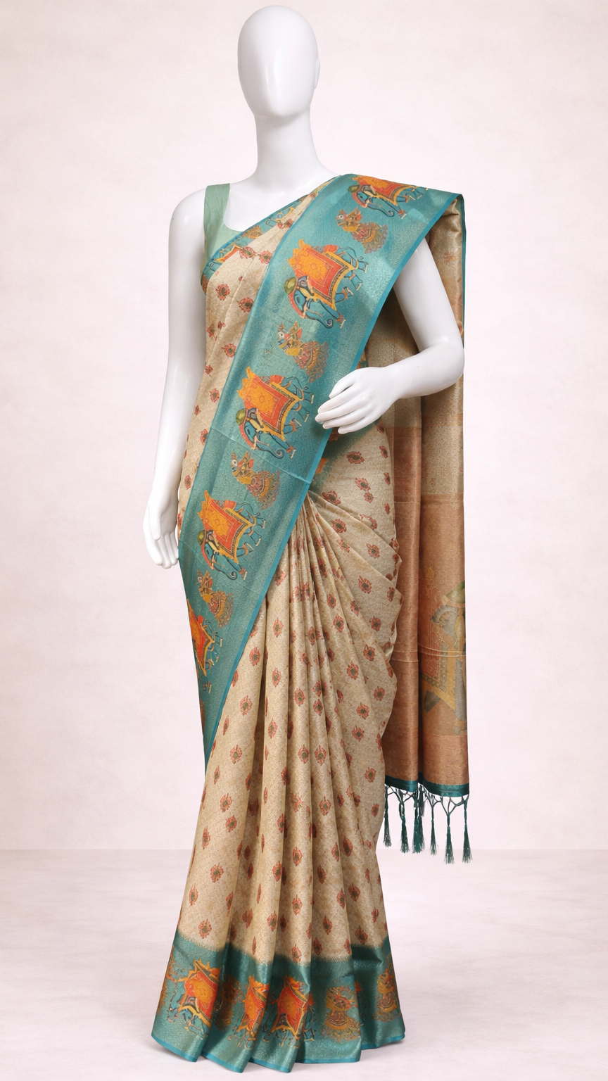 Teal Saree with Traditional Art Print