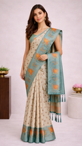 Teal Saree with Traditional Art Print