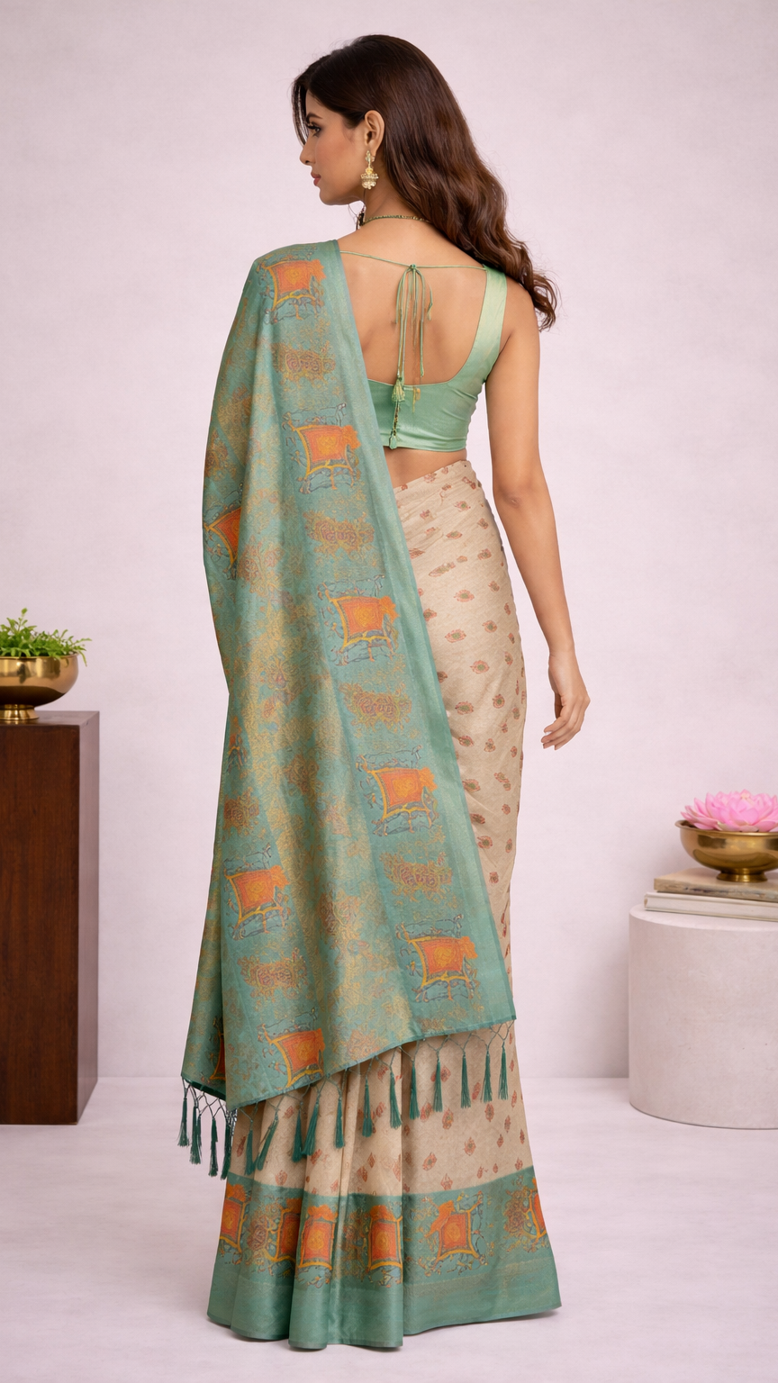 Teal Saree with Traditional Art Print