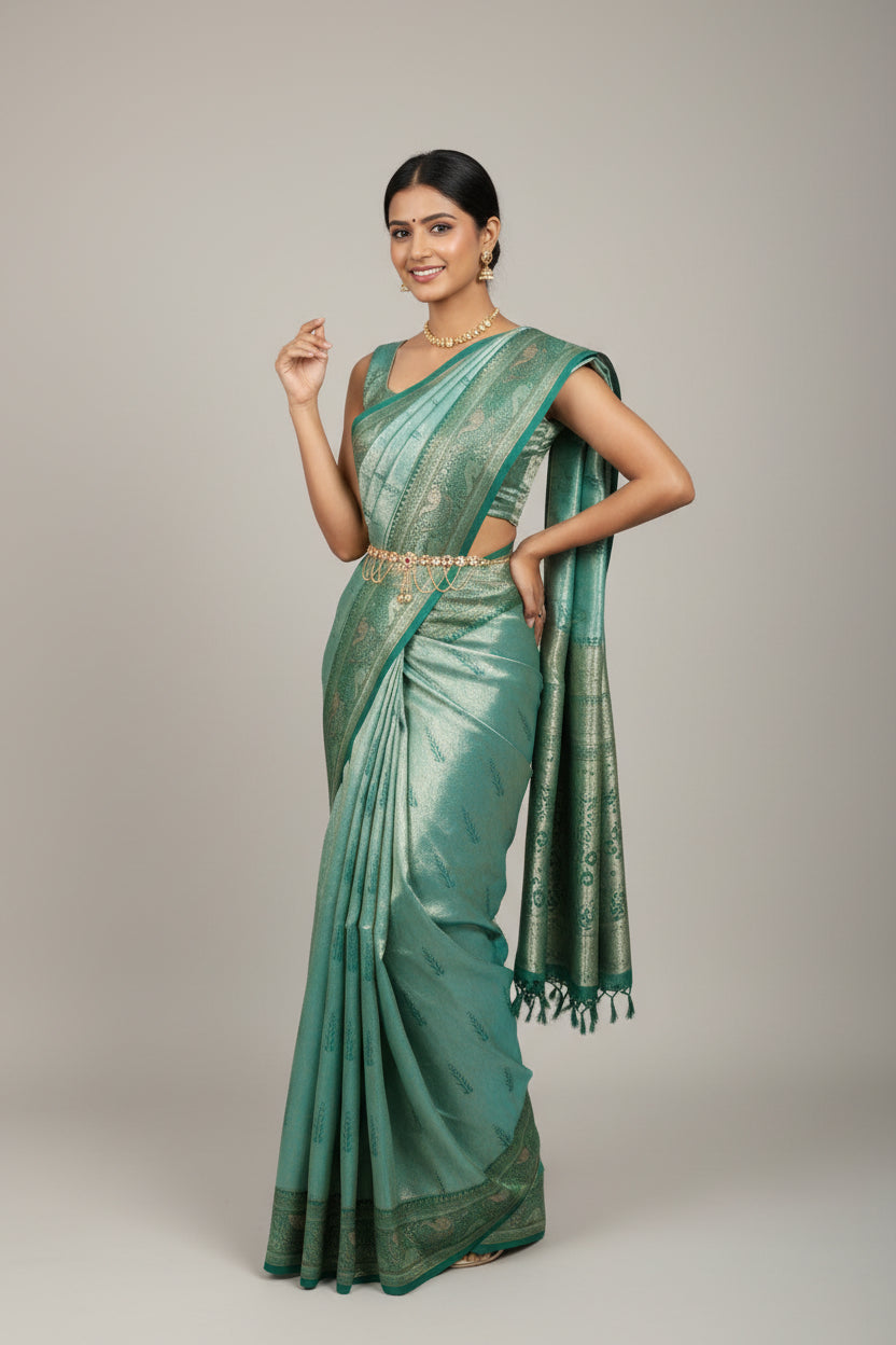 Green folded fabric item on a black surface with wooden floor background