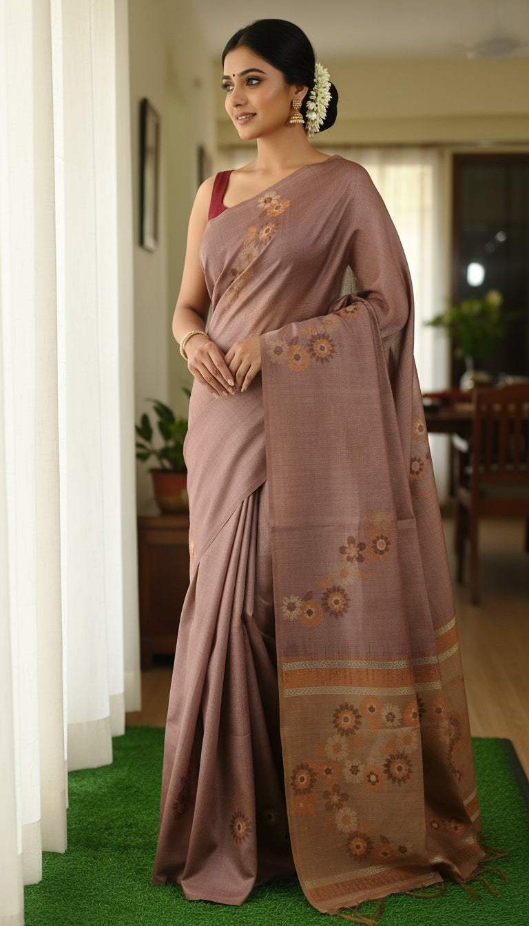 Earthy Mauve Floral Print Tussar-Style Saree