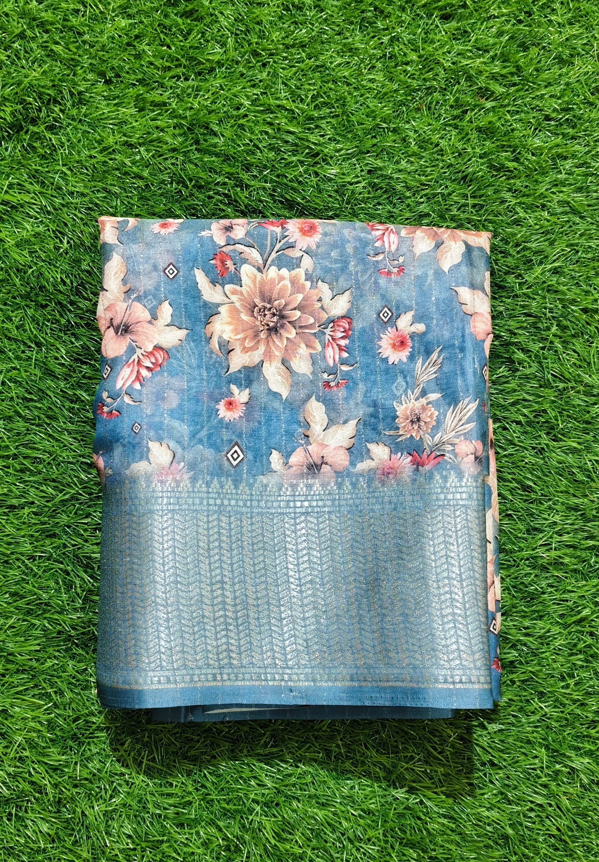 Blue & Peach Floral Saree