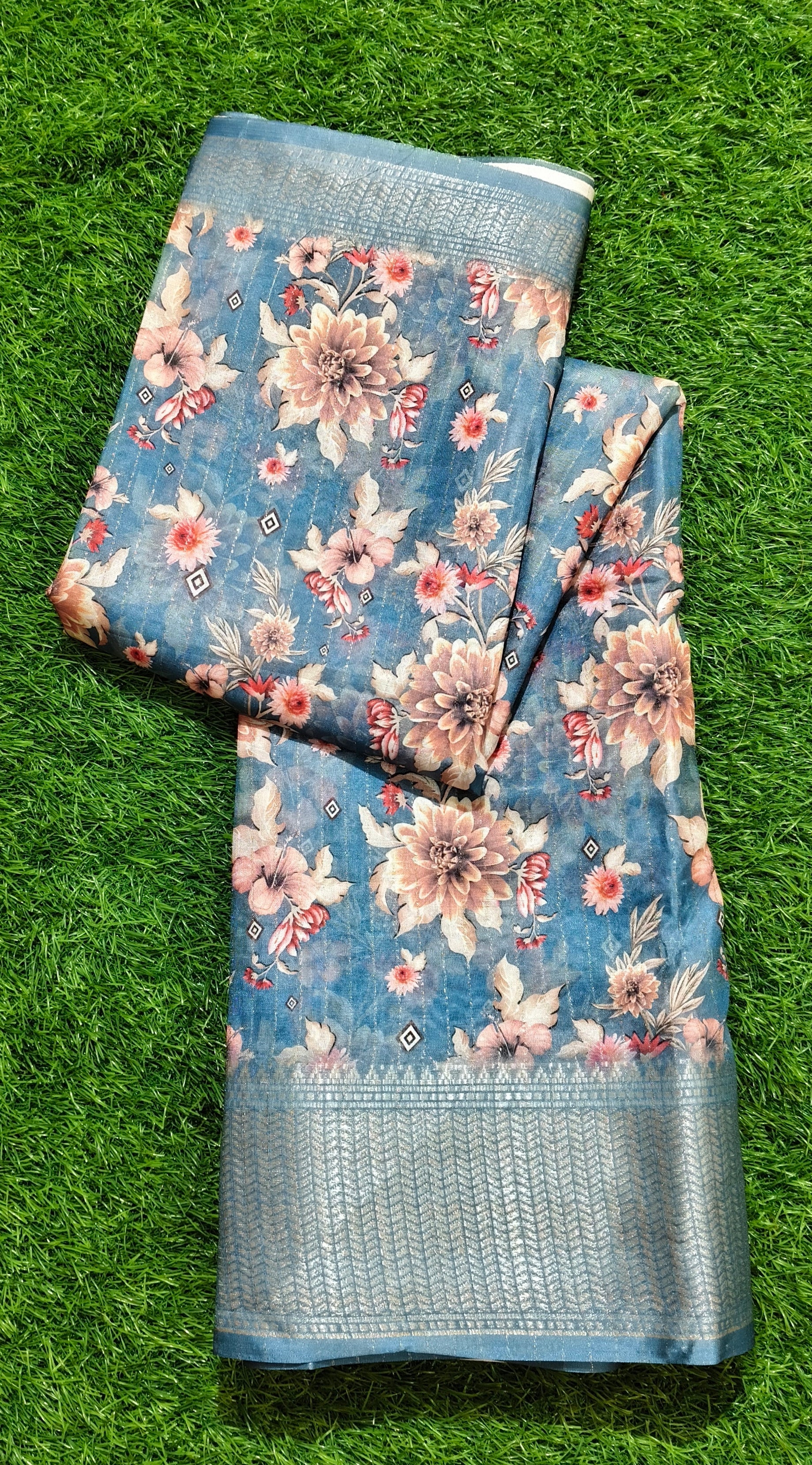 Blue & Peach Floral Saree