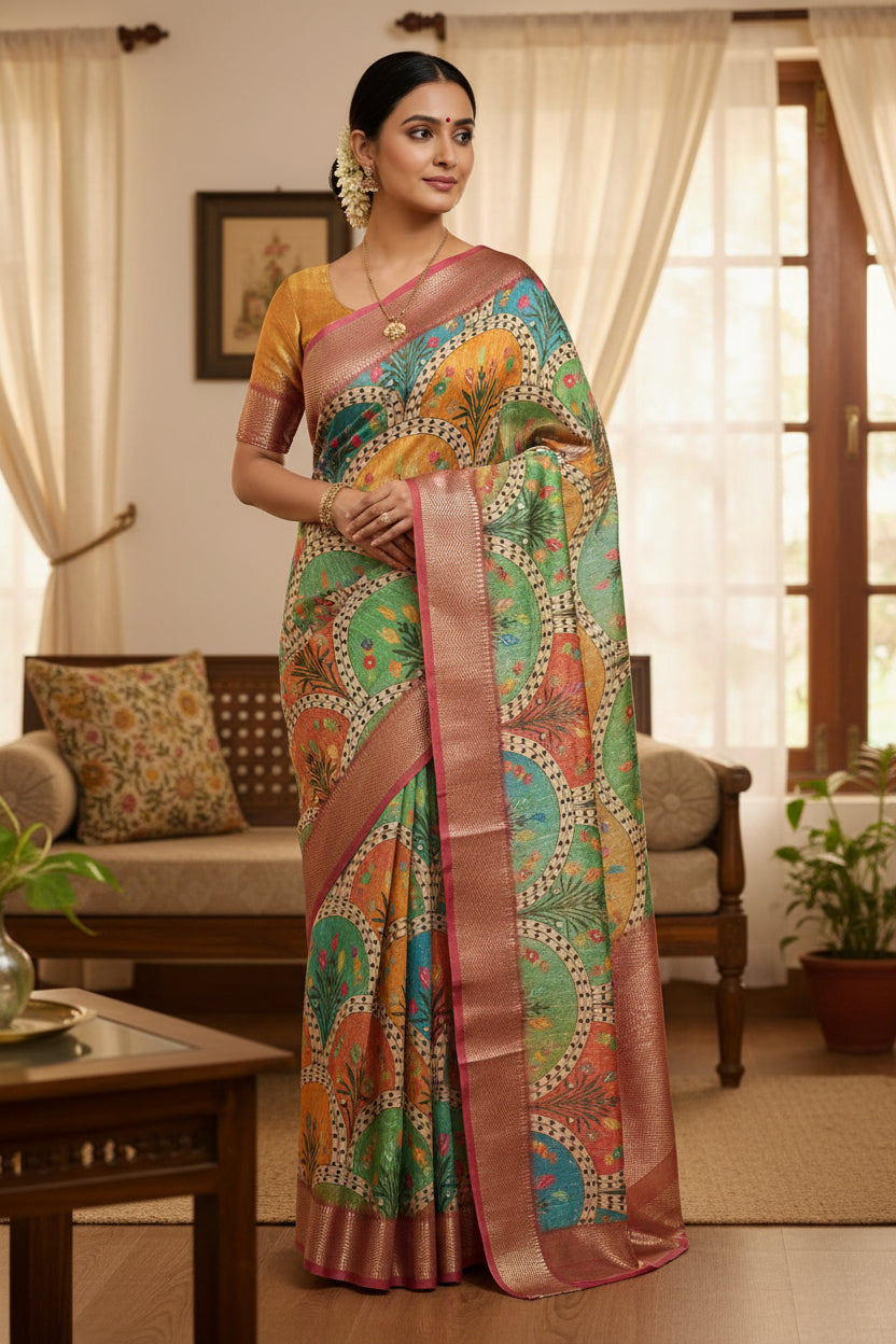 Multi-Color Folk-Art Print Saree