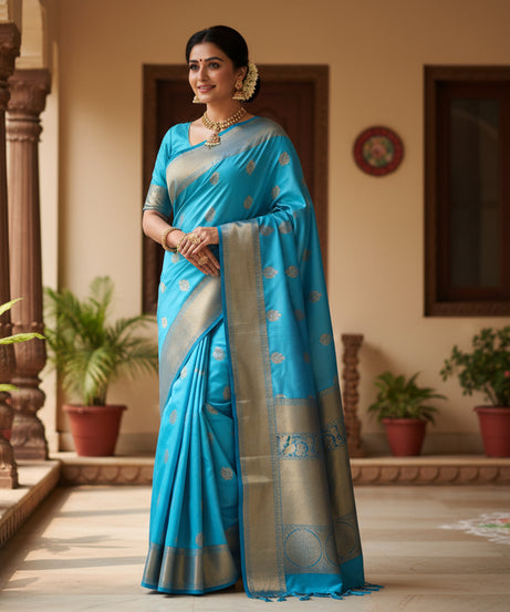 Vibrant Firozi Blue Kanchi Soft Silk