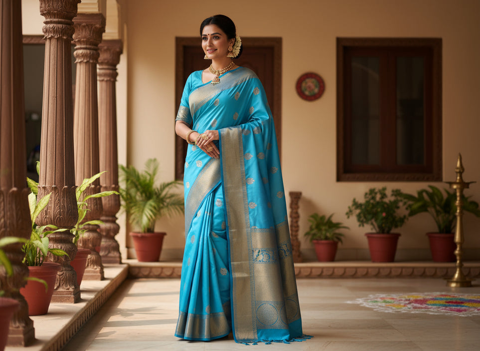 Vibrant Firozi Blue Kanchi Soft Silk