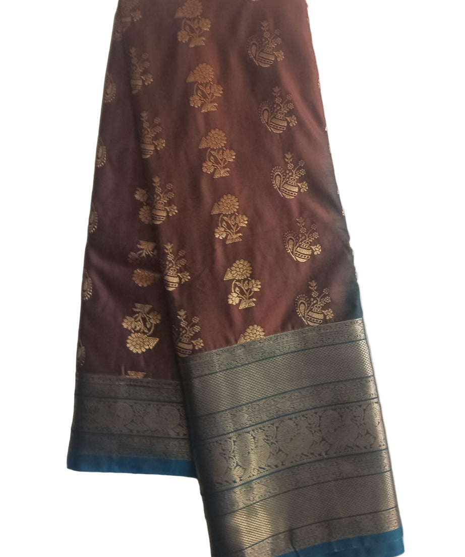 Coffee Brown & Gold Woven Soft Silk