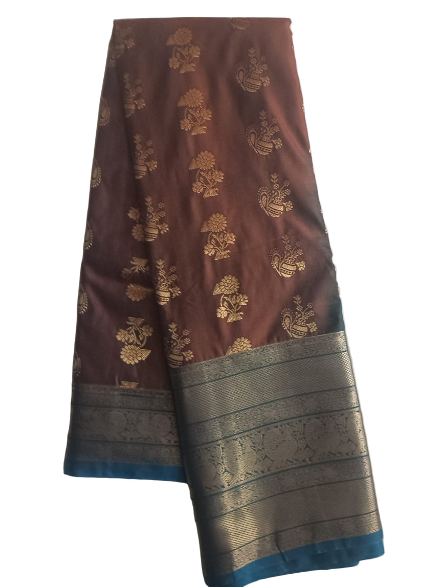 Coffee Brown & Gold Woven Soft Silk