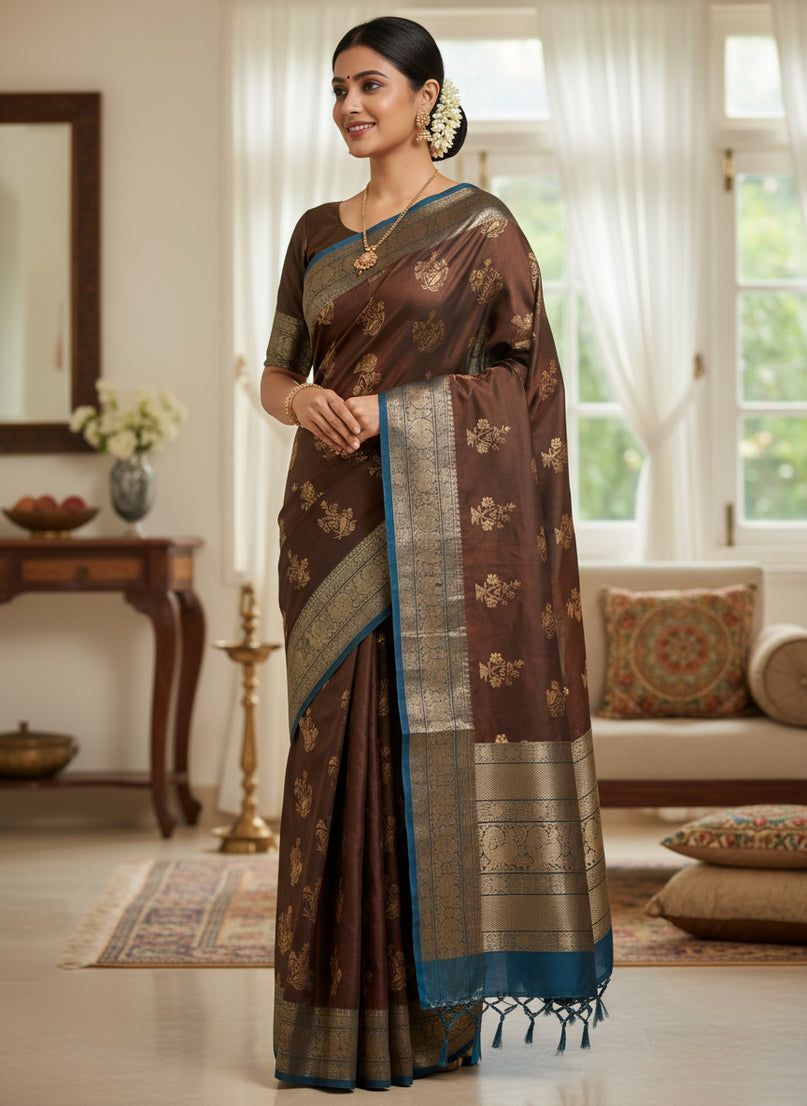 Coffee Brown & Gold Woven Soft Silk