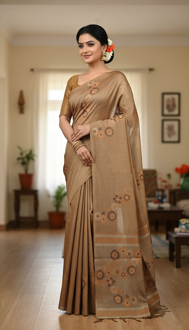 Earthy Brown Floral Print Tussar