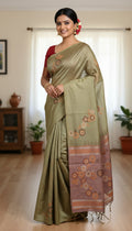 Olive Green Floral Print Tussar