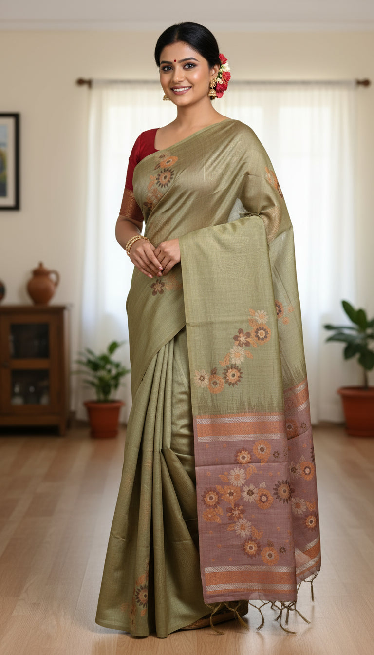 Olive Green Floral Print Tussar