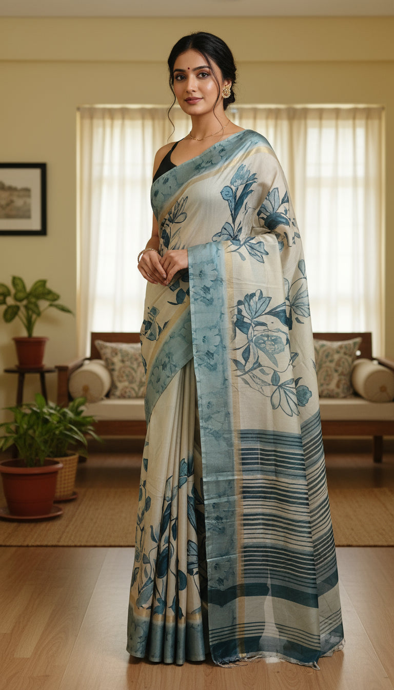 Woman wearing a floral saree in a living room setting