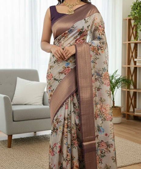 Romantic Grey Floral Saree