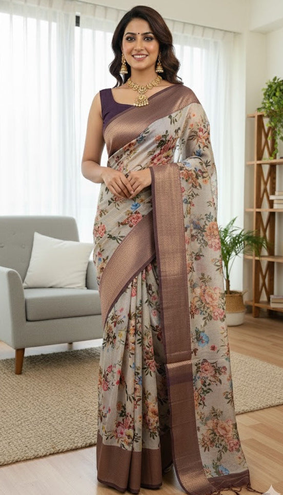 Romantic Grey Floral Saree