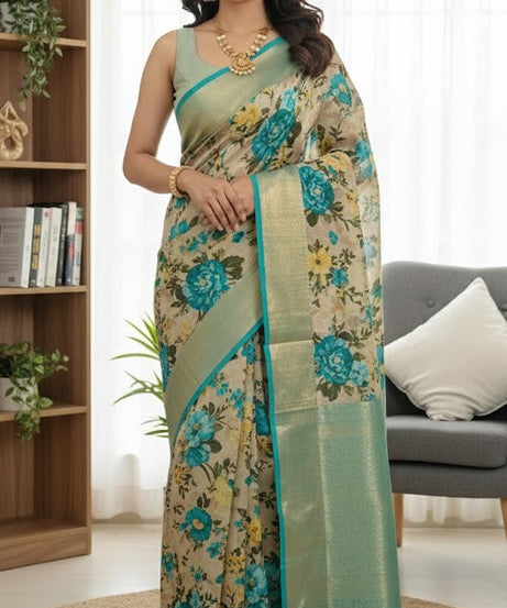 Striking Beige Floral Saree