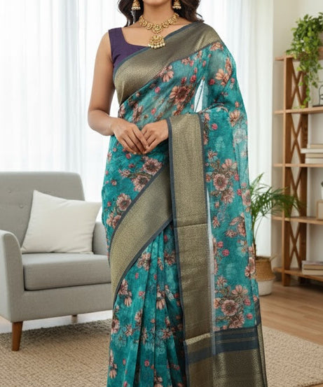 Turquoise Floral Saree