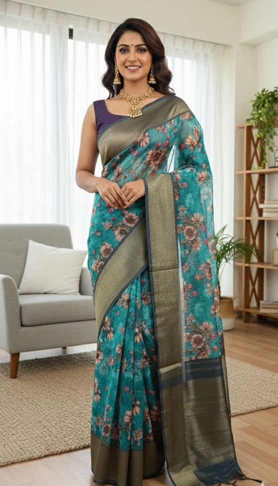 Turquoise Floral Saree