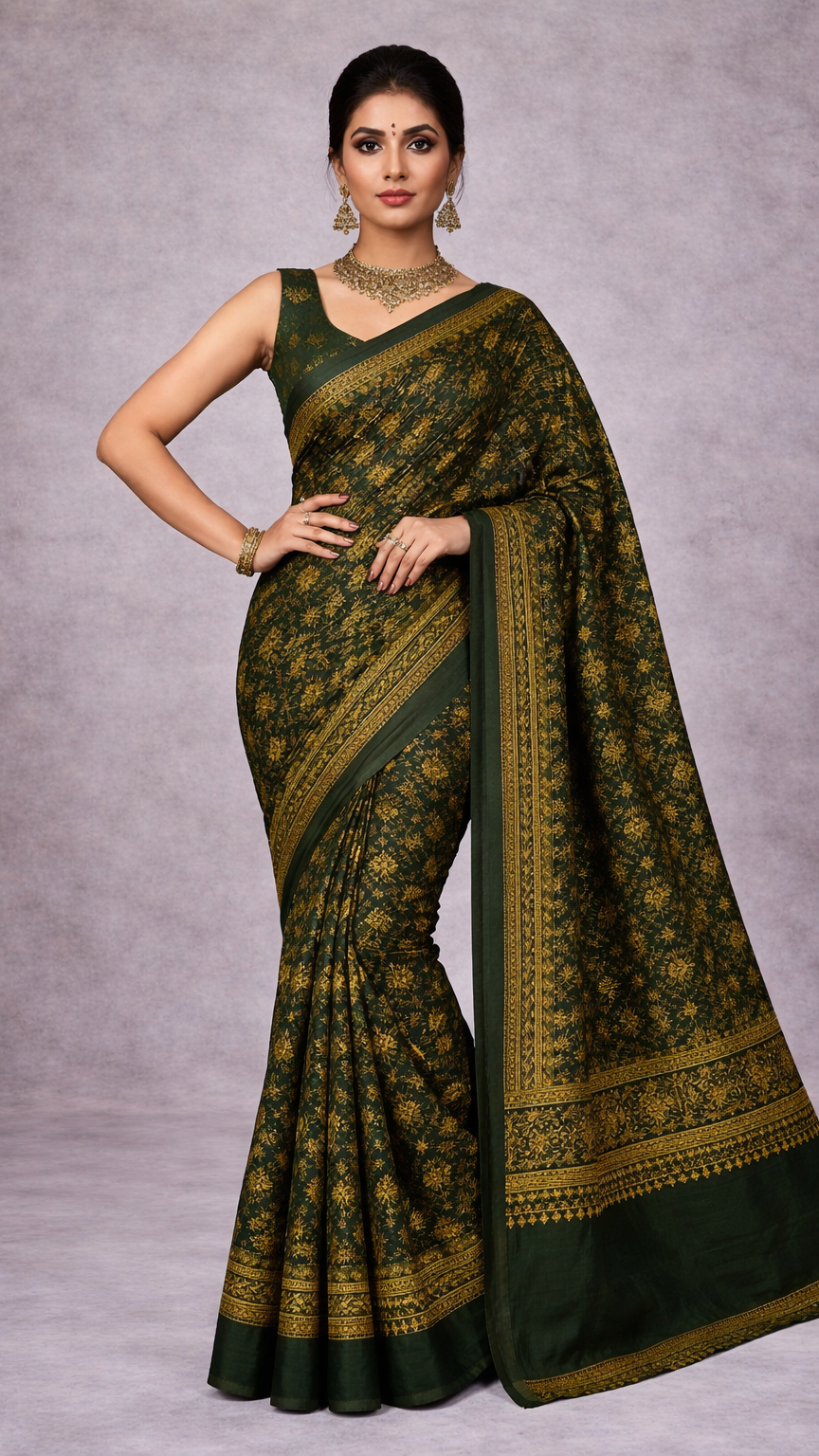 Woman wearing a green saree with a pattern against a gray background