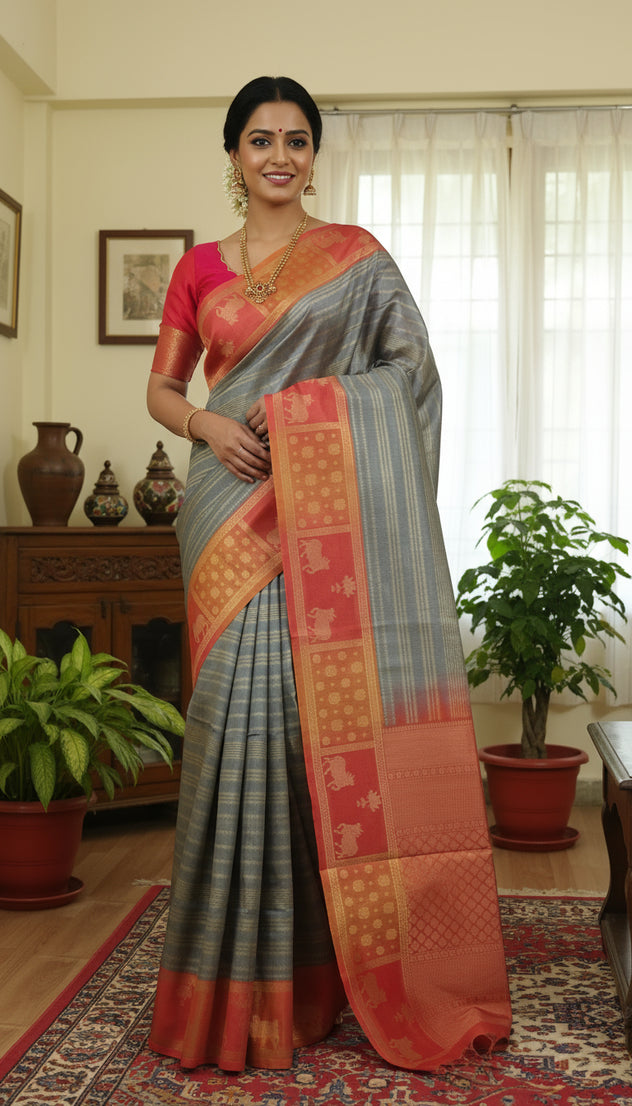 Regal Charcoal Grey & Red Soft Silk