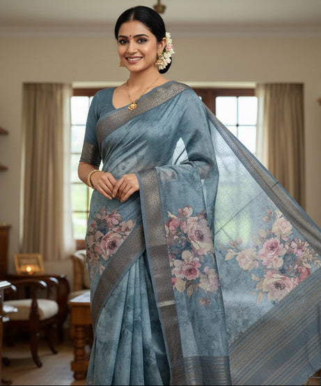 Charcoal Grey Floral Saree