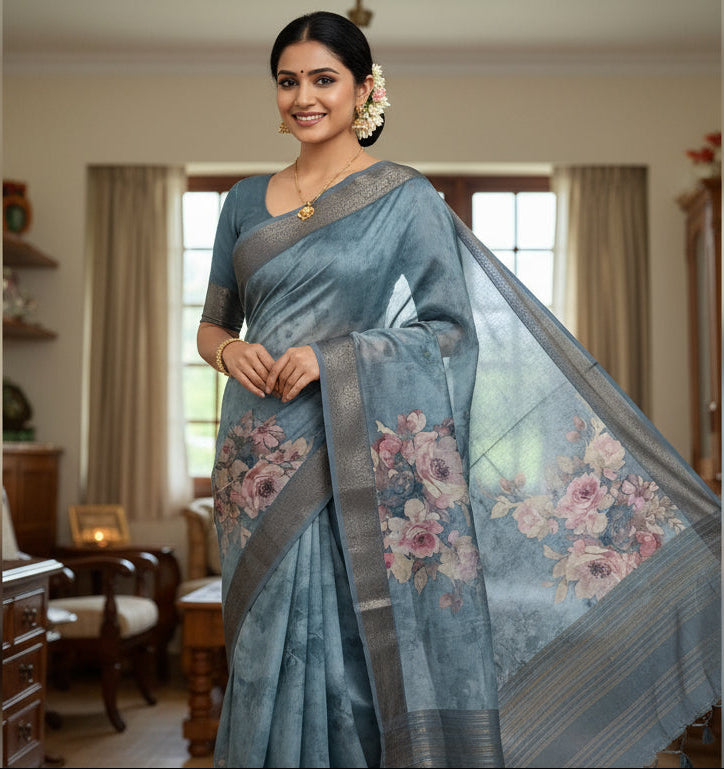 Charcoal Grey Floral Saree