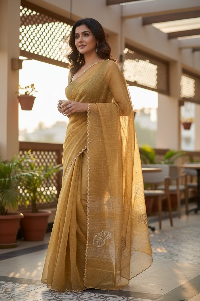 Pure Organza Brass  Sarees With Madhubani Print