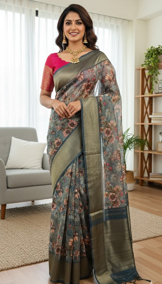 Charcoal Floral Saree