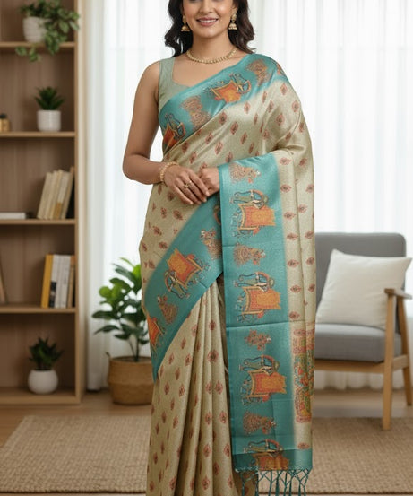 Teal Saree with Traditional Art Print