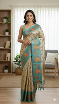 Teal Saree with Traditional Art Print