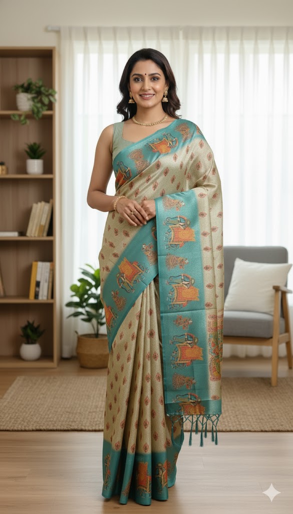 Teal Saree with Traditional Art Print